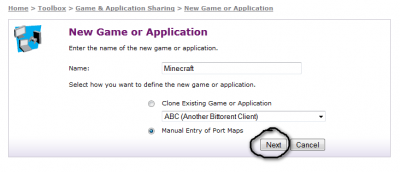 Skrifaðu nafnið á leiknum sem er Minecraft.<br />Svo ýtirðu á Manual Entry Of Ports eða Clone Existing Game Or Application og ýttu á Next